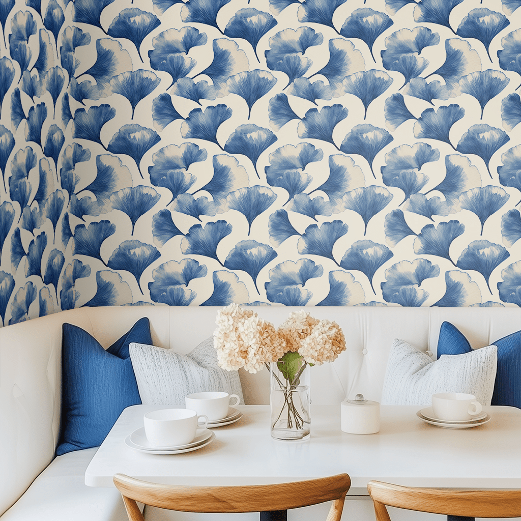 Papel tapiz Ginkgo Azul en Marfil