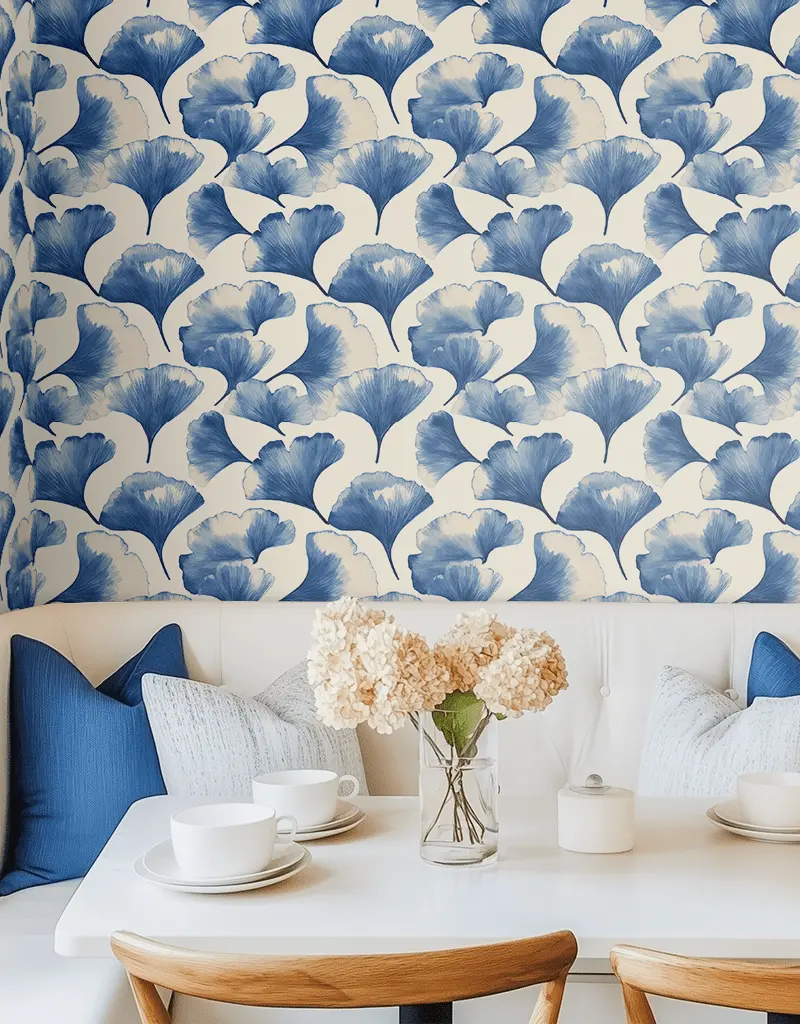 Papel tapiz Ginkgo Azul en Marfil