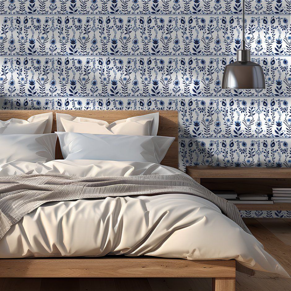 Papel tapiz Flores Delft Azul y Blanco
