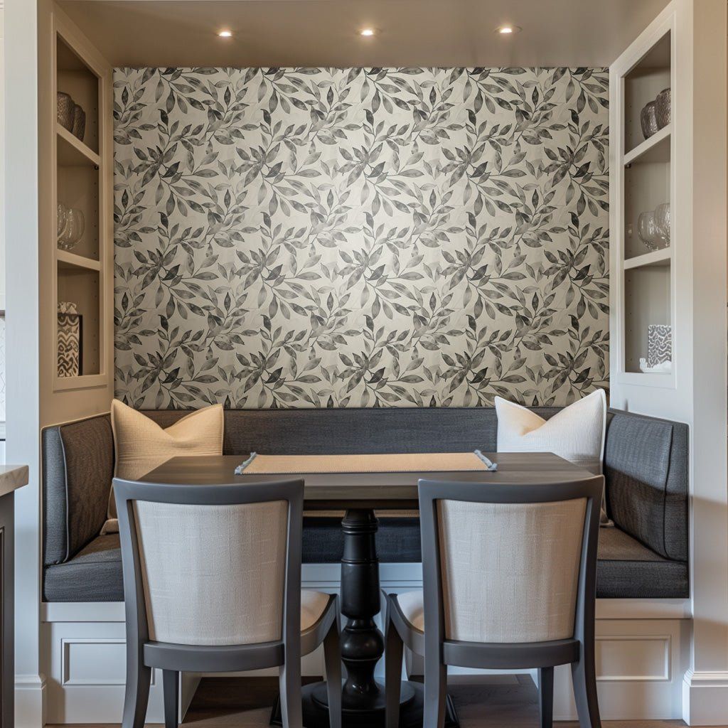 Papel tapiz Hojas Gris Acuarela en Marfil