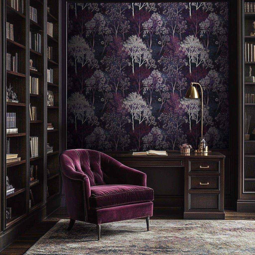 Papel tapiz Árboles Marfil y Malva en Violeta