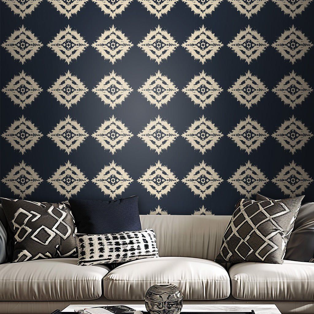 Papel tapiz Rombos Ikat Azul y Marfil