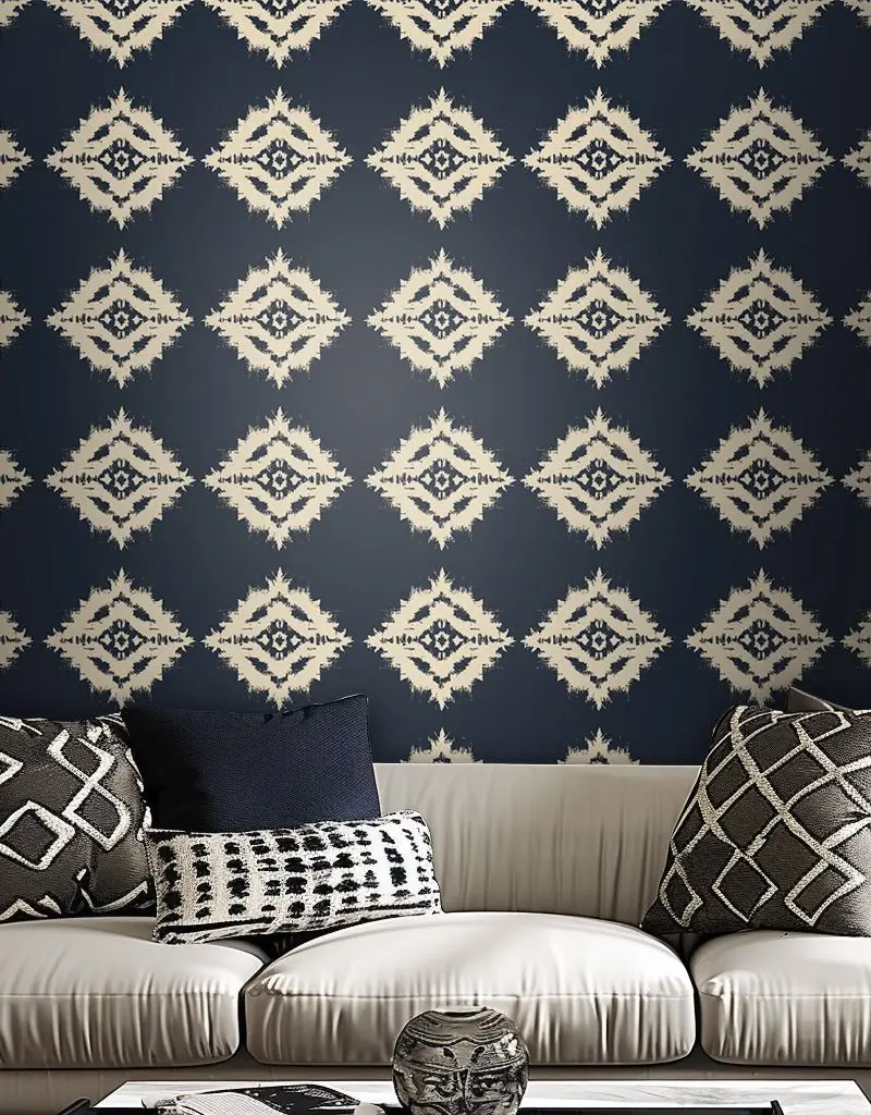 Papel tapiz Rombos Ikat Azul y Marfil