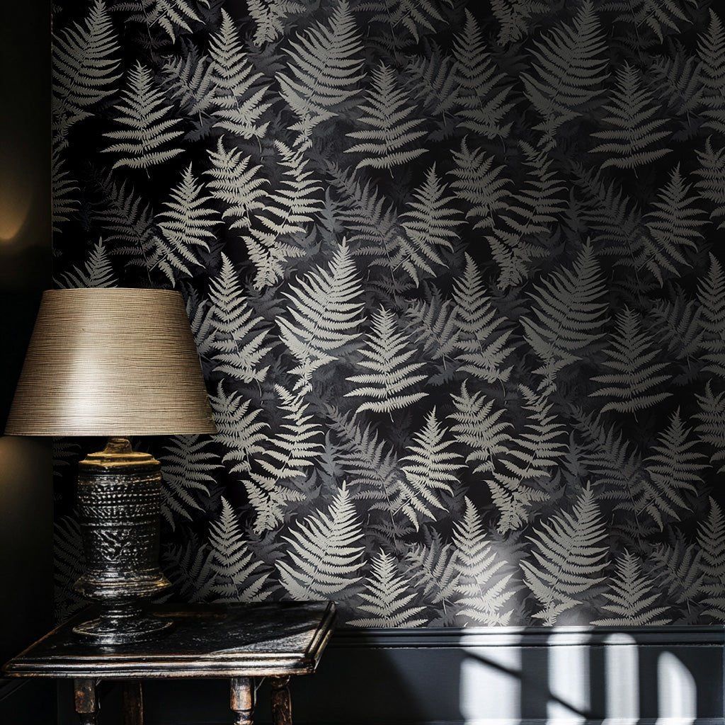 Papel tapiz Helechos Marfil en Gris Oscuro