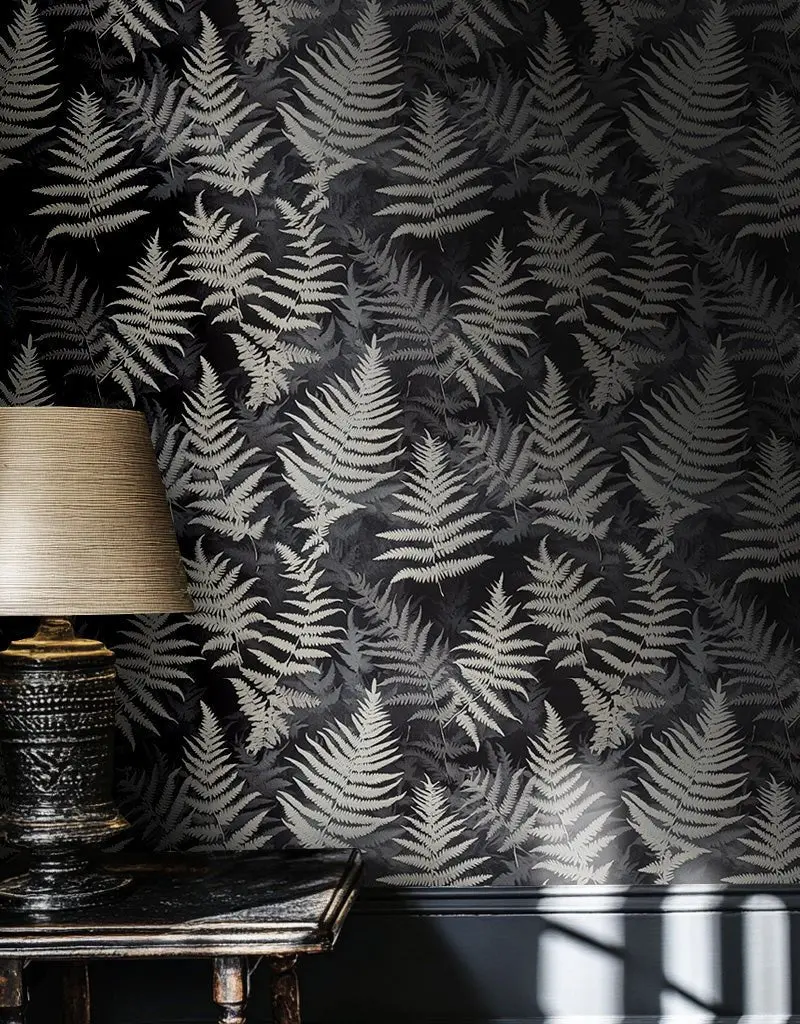 Papel tapiz Helechos Marfil en Gris Oscuro
