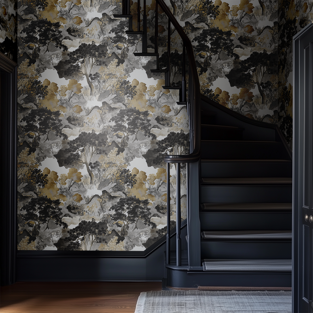 Papel tapiz Bosque Oriental Gris y Ocre