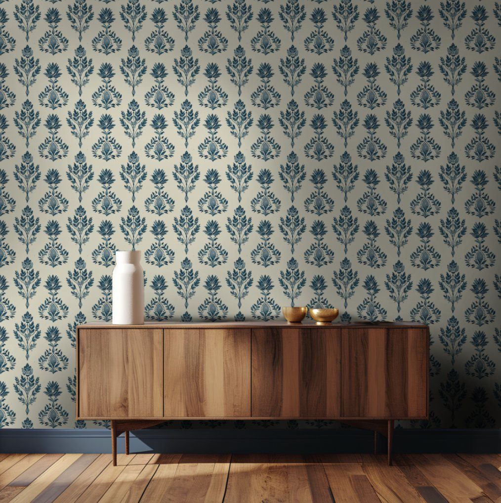 Papel tapiz Flores Ornamentales Azul Marfil