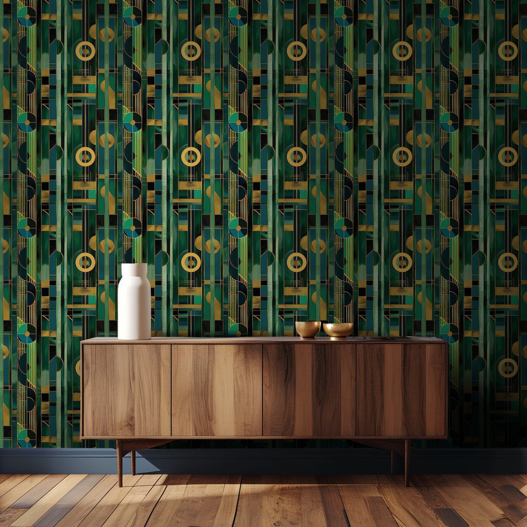 Papel tapiz Art Déco Verde y Dorado