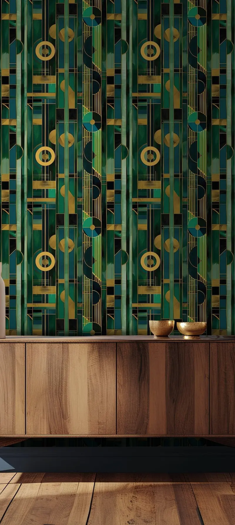 Papel tapiz Art Déco Verde y Dorado