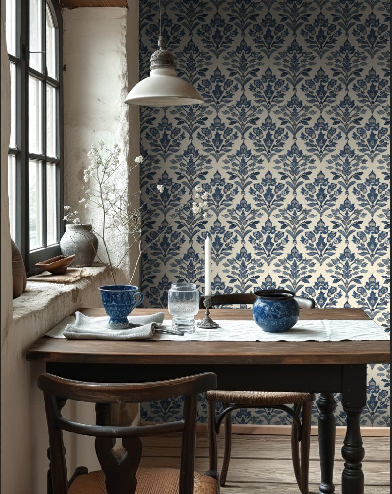 Papel tapiz Flores Azules Ornamentales
