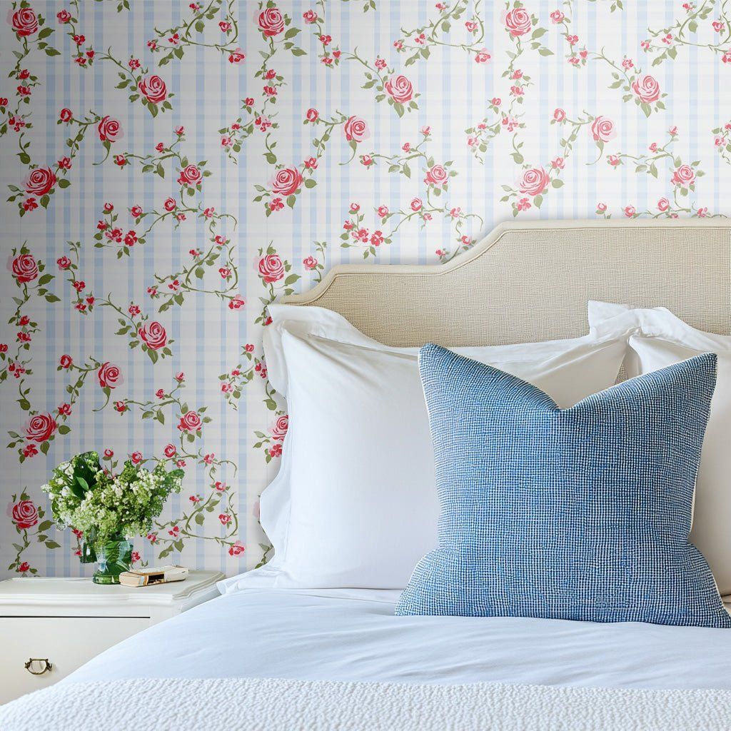 Papel tapiz Rosas sobre Cuadros Azules