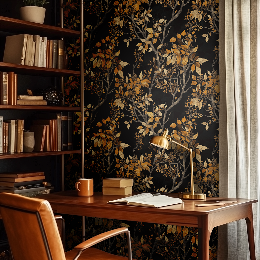 Papel tapiz Ramas Ocre sobre Negro