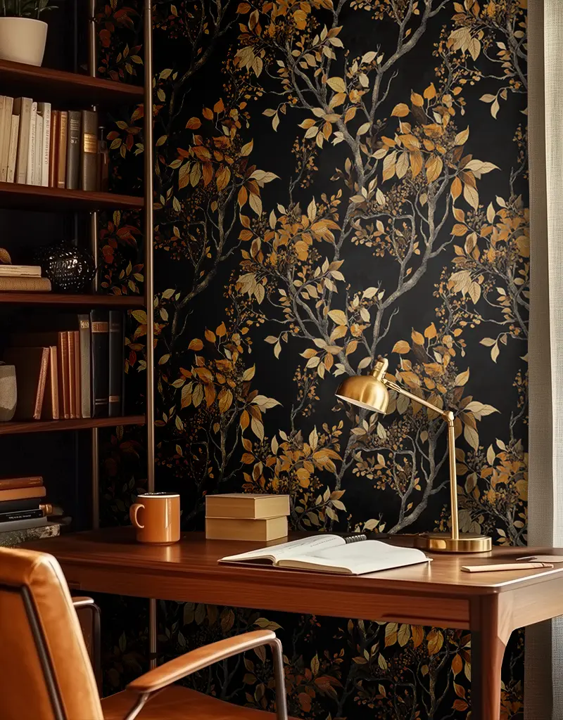 Papel tapiz Ramas Ocre sobre Negro