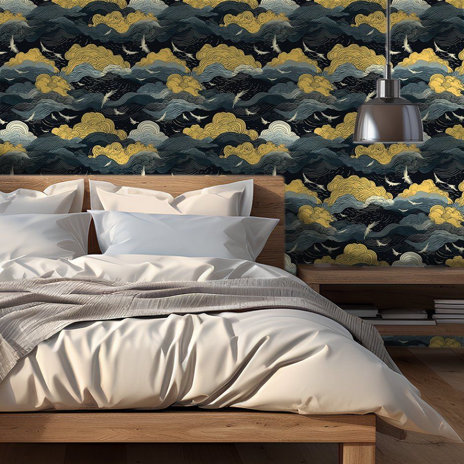 Papel tapiz Grullas y Nubes Ornamentales