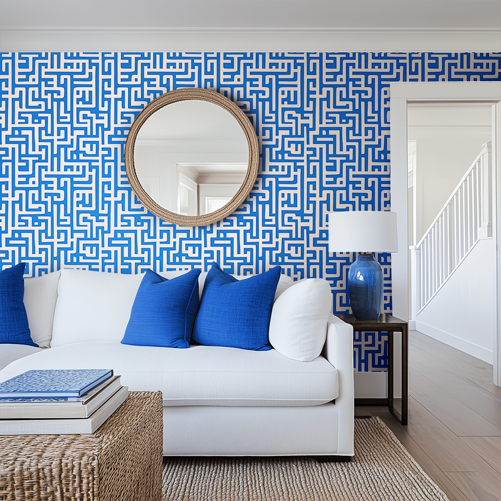 Papel tapiz Laberinto Azul sobre Marfil