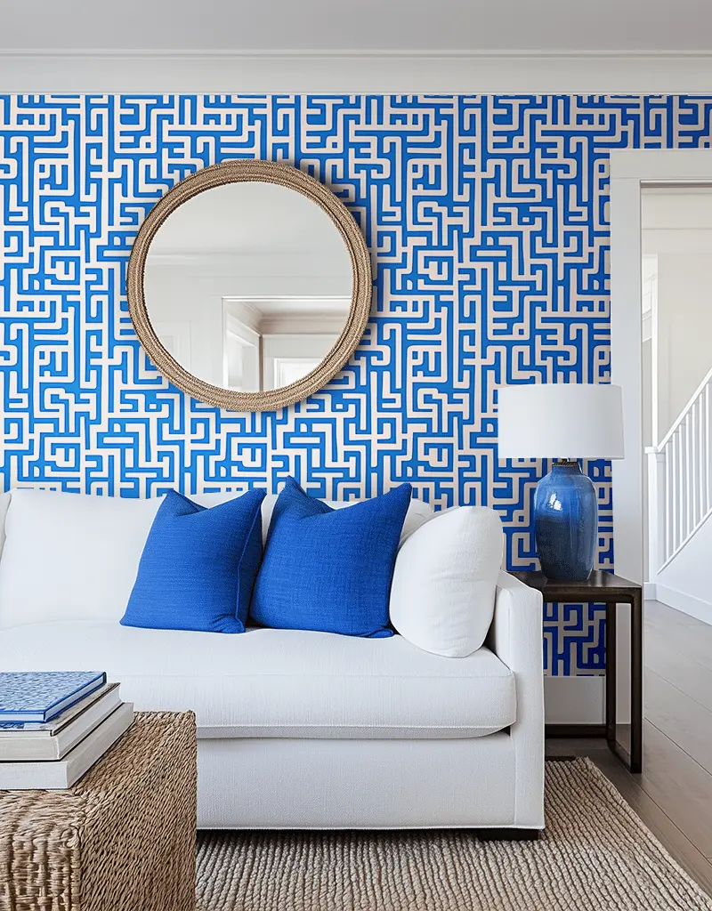 Papel tapiz Laberinto Azul sobre Marfil