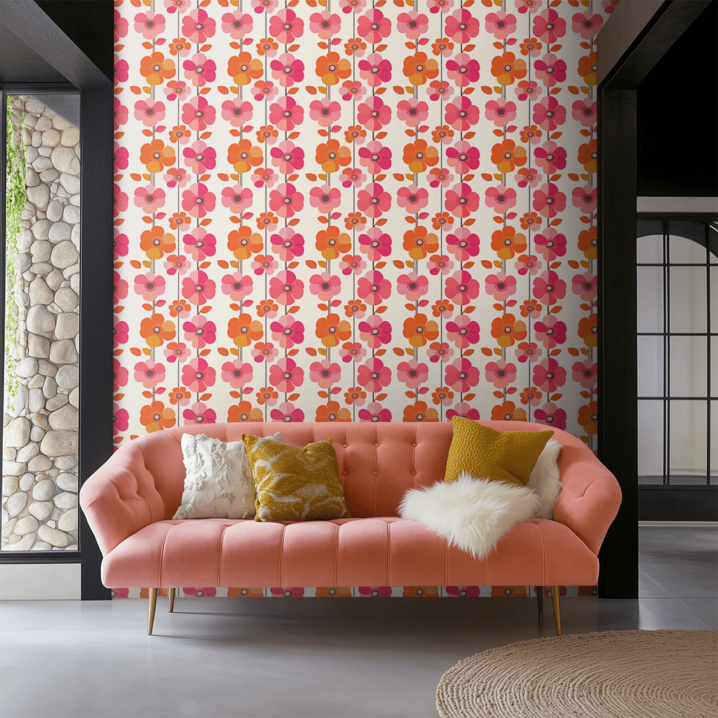 Papel tapiz Flores Retro Rosa y Naranja