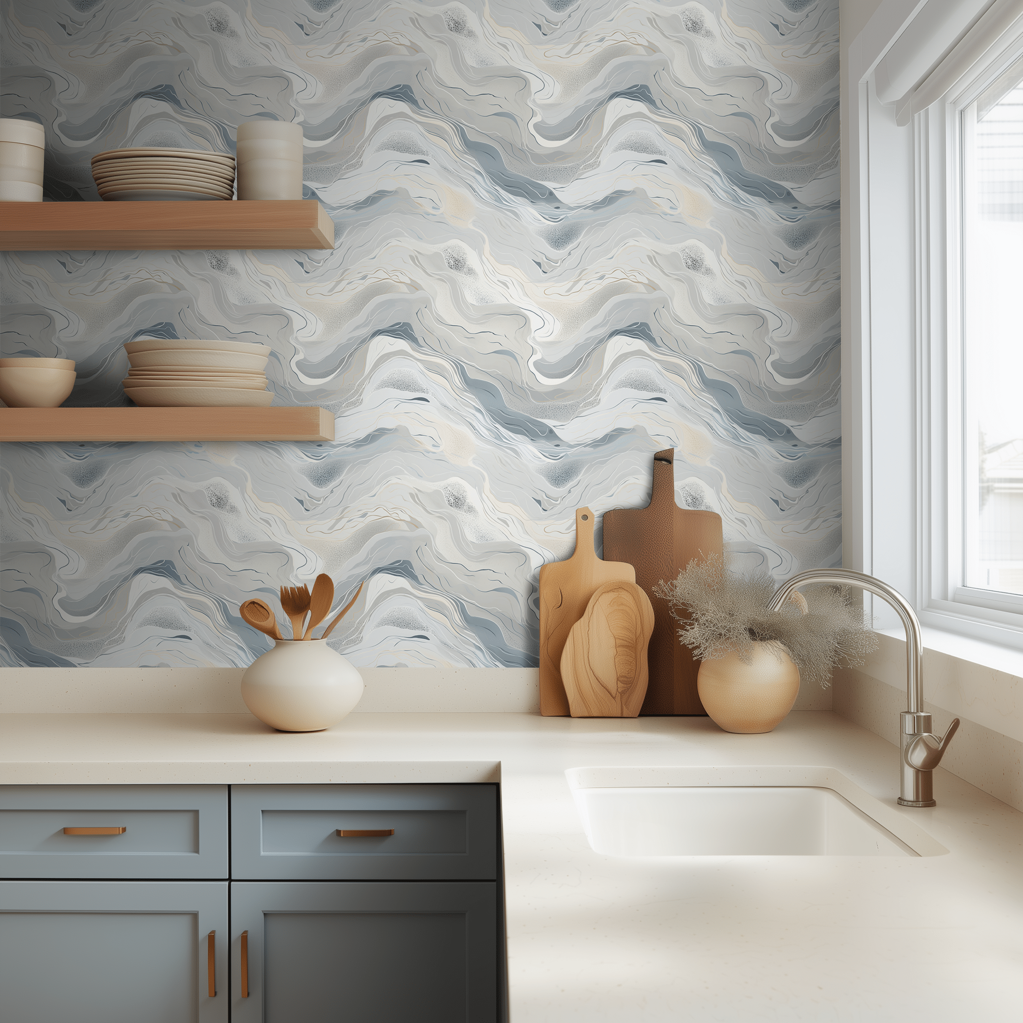 Papel tapiz Ondas Gris y Azul Mineral