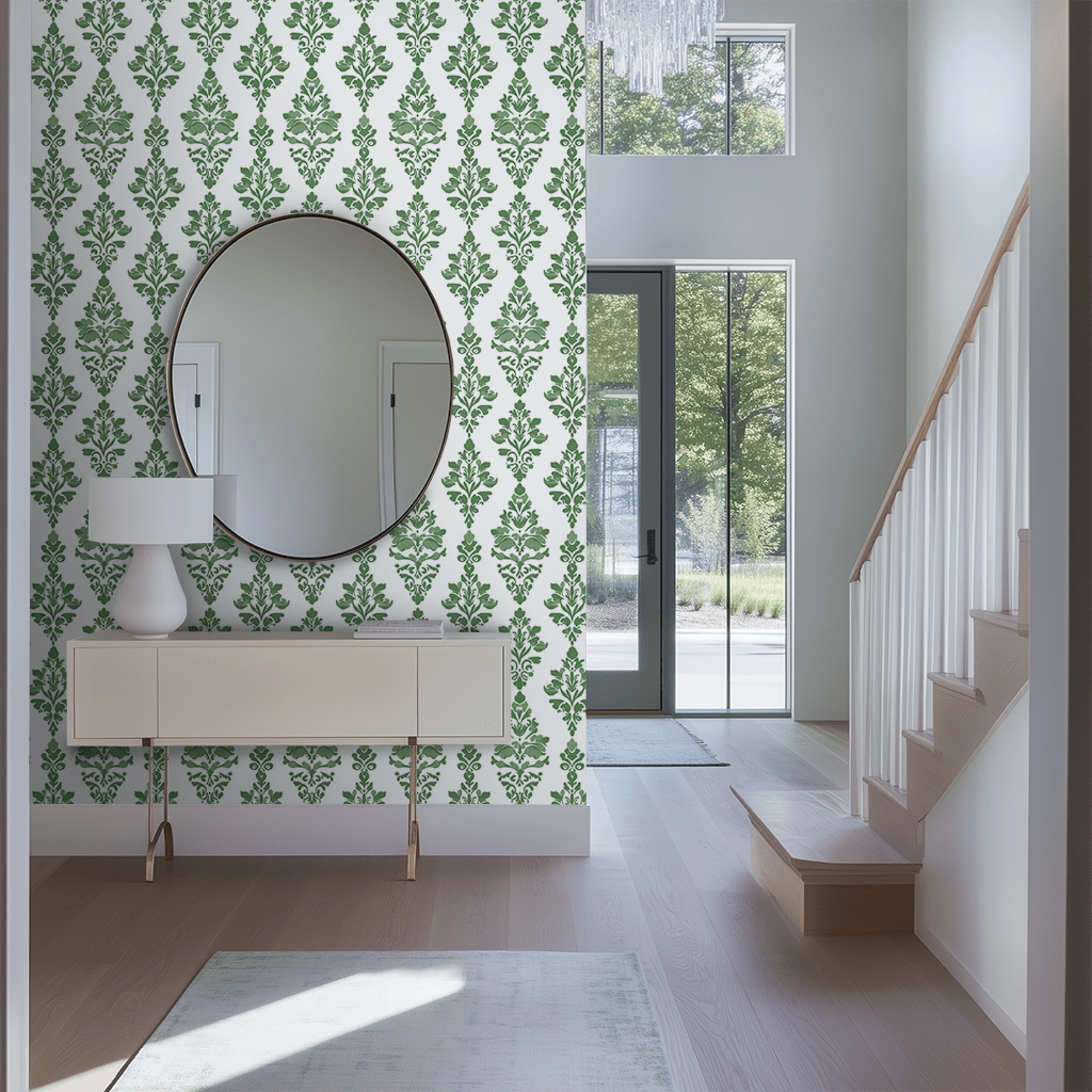 Papel tapiz Damasco Verde sobre Blanco