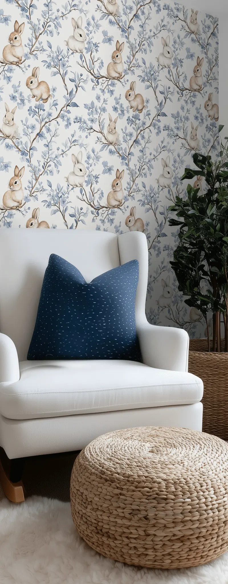 Papel tapiz Conejitos y Ramas Azul Suave