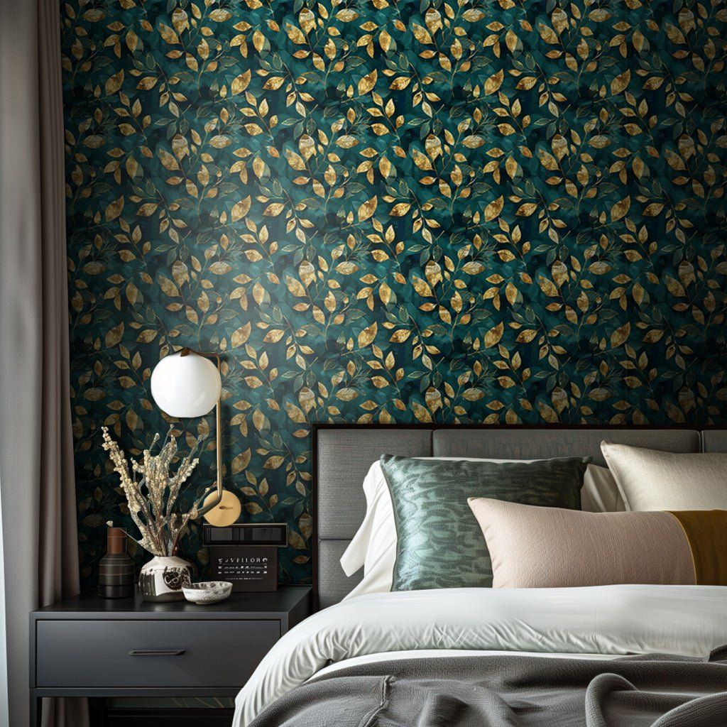 Papel tapiz Hojas Doradas sobre Verde Azul
