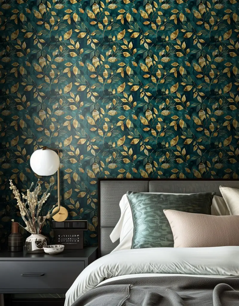 Papel tapiz Hojas Doradas sobre Verde Azul