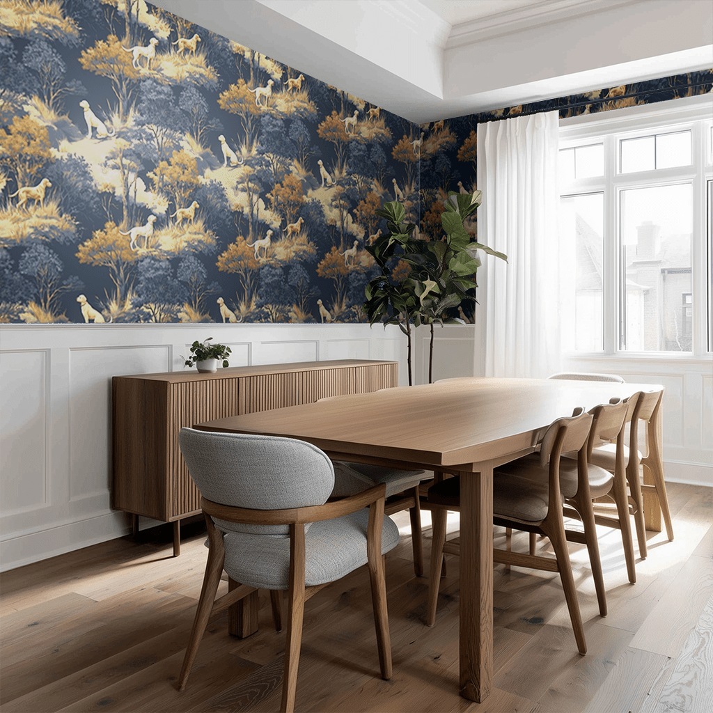 Papel tapiz Perros en Bosque Azul y Ocre