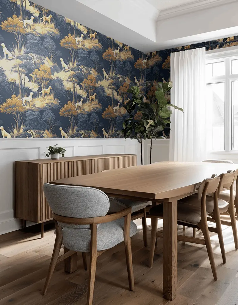 Papel tapiz Perros en Bosque Azul y Ocre