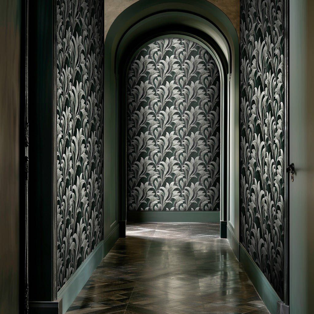 Papel tapiz Hojas Marfil sobre Verde Oscuro