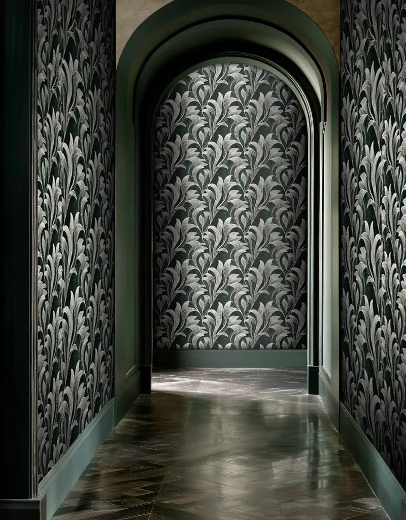 Papel tapiz Hojas Marfil sobre Verde Oscuro