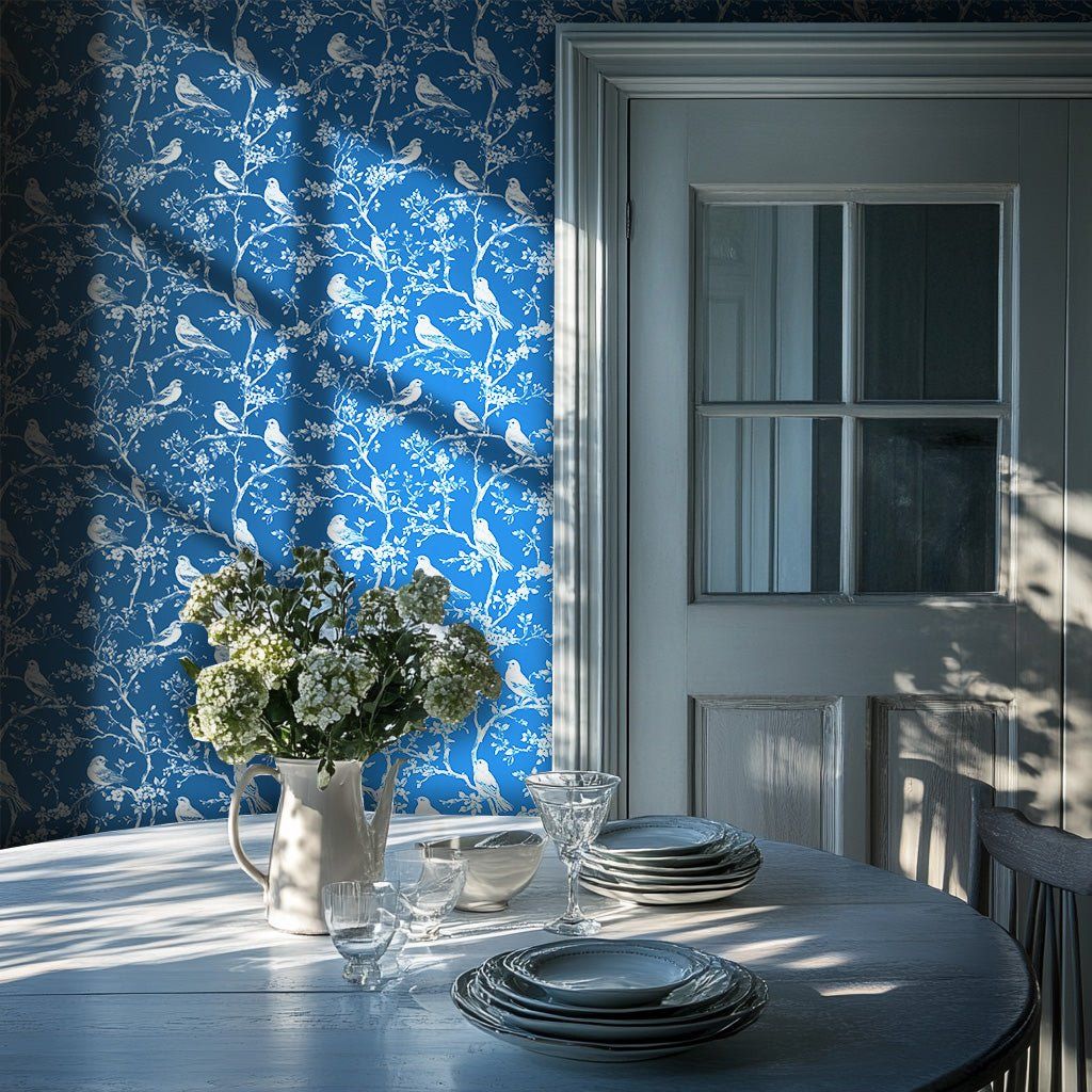 Papel tapiz Aves Blancas sobre Azul Intenso