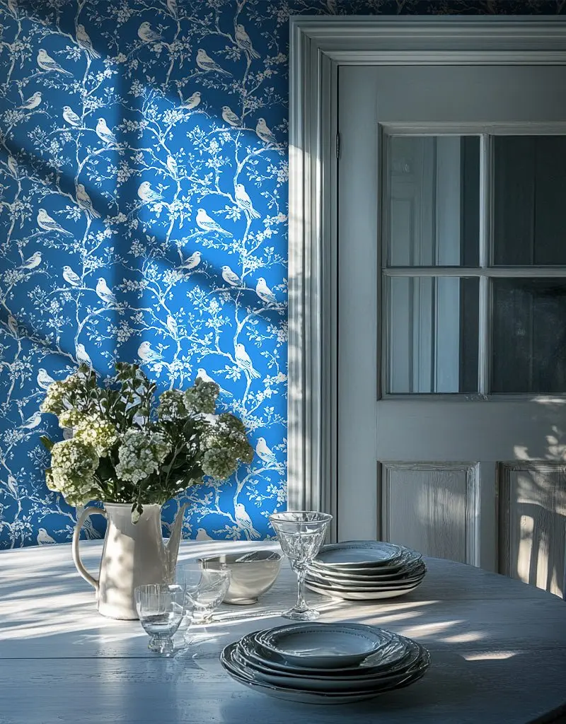Papel tapiz Aves Blancas sobre Azul Intenso