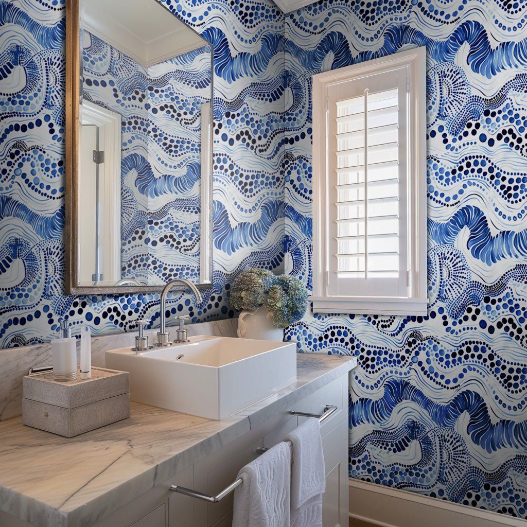 Papel tapiz Olas y Puntos Azul sobre Blanco