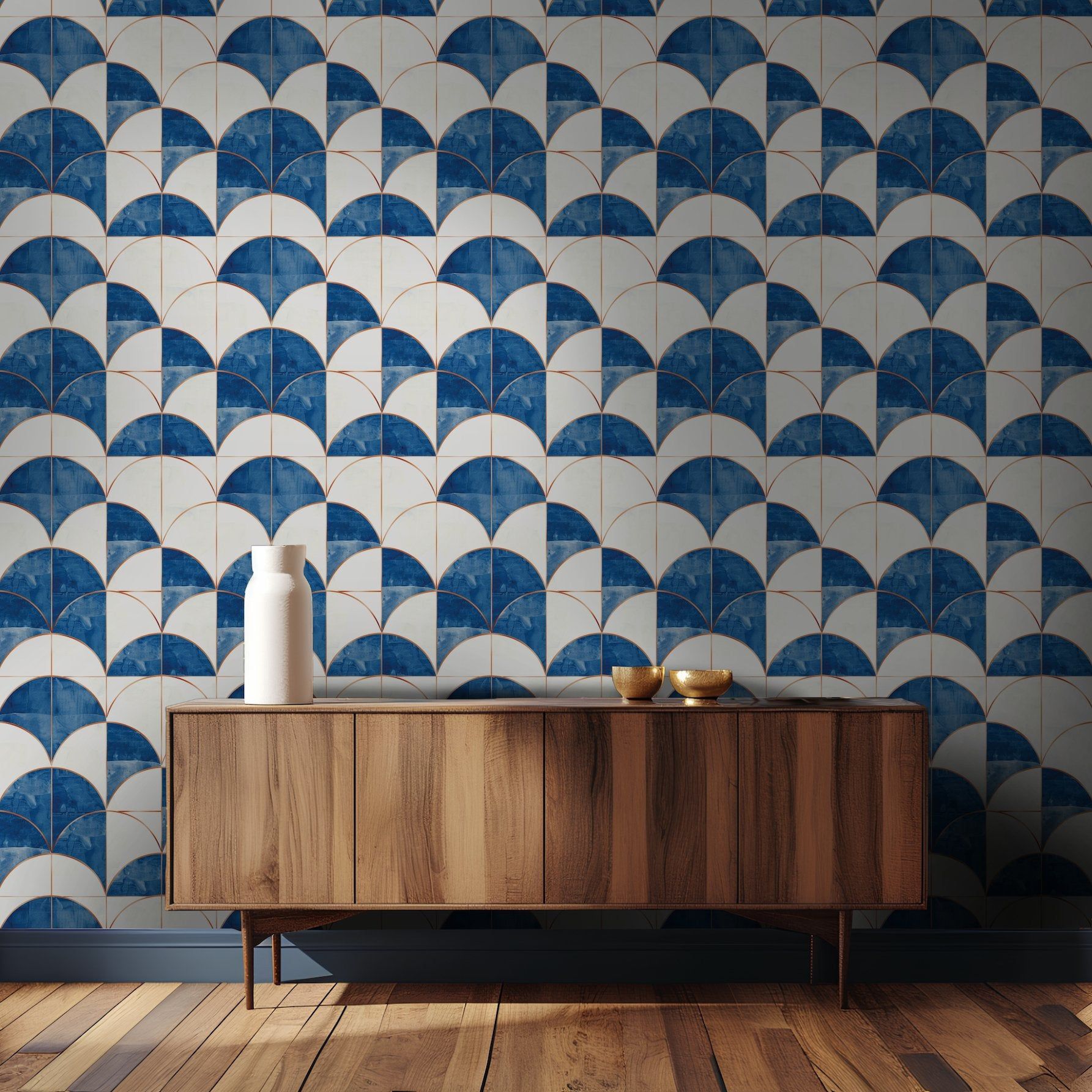 Papel tapiz Abanicos Azul y Marfil