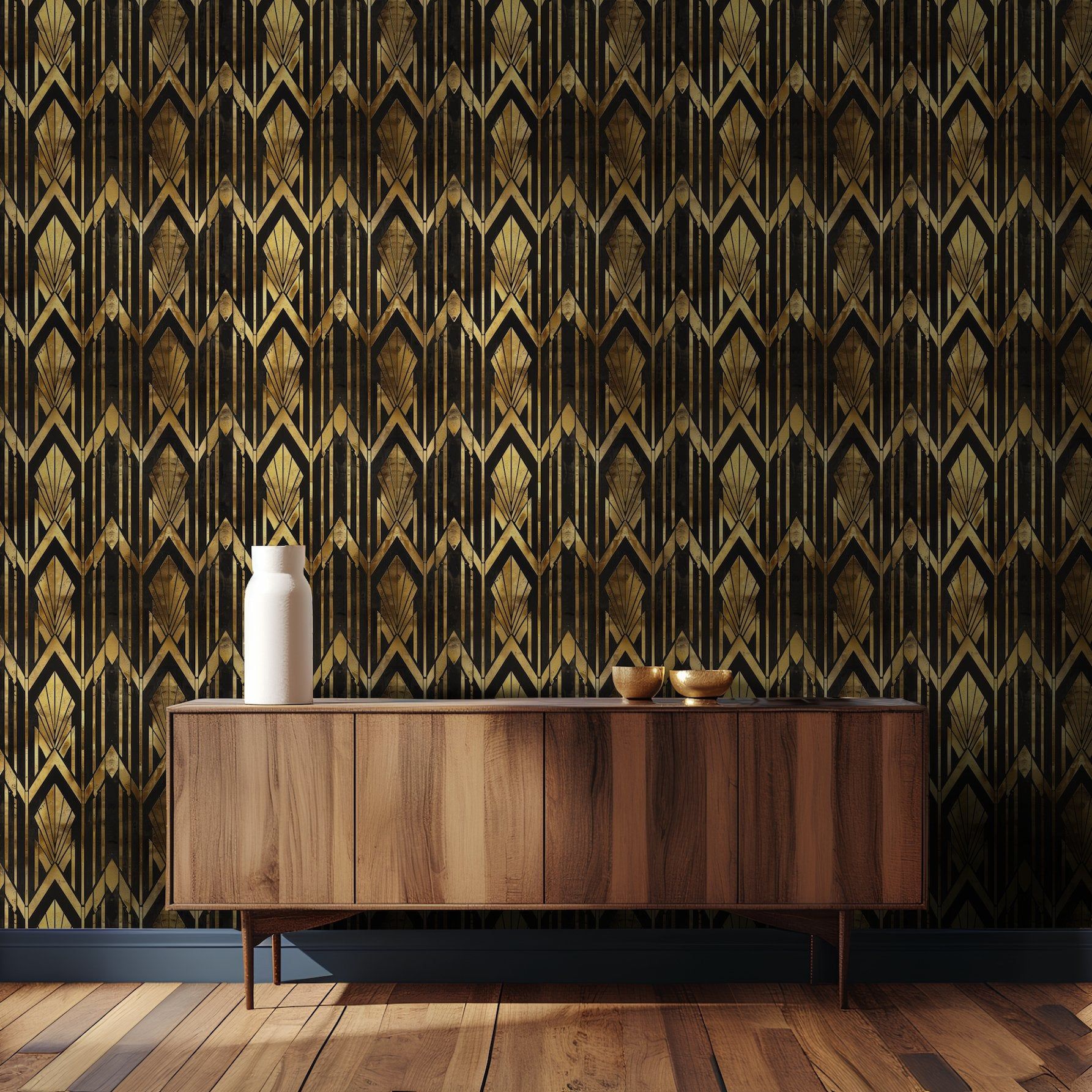 Papel tapiz Geometría Art Déco Negro y Oro