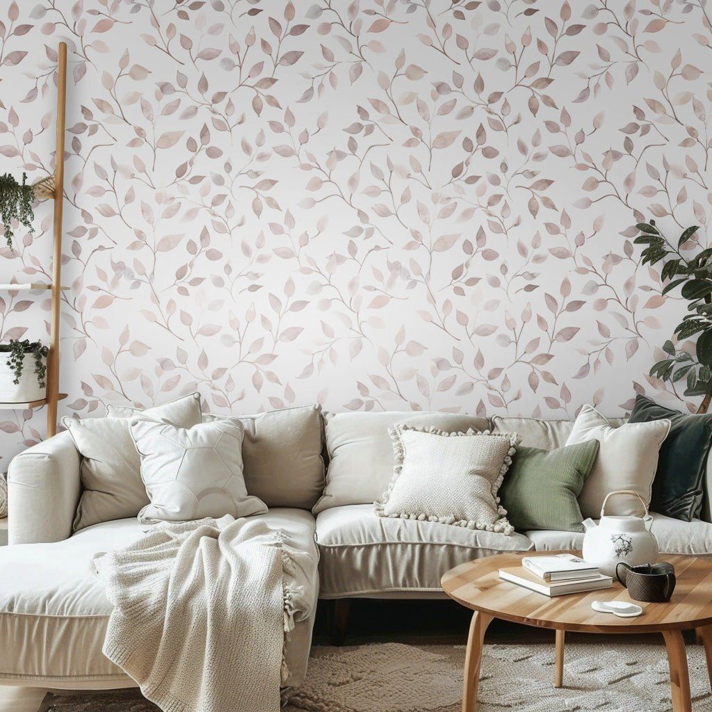 Papel tapiz Hojas Rosa Suave sobre Blanco
