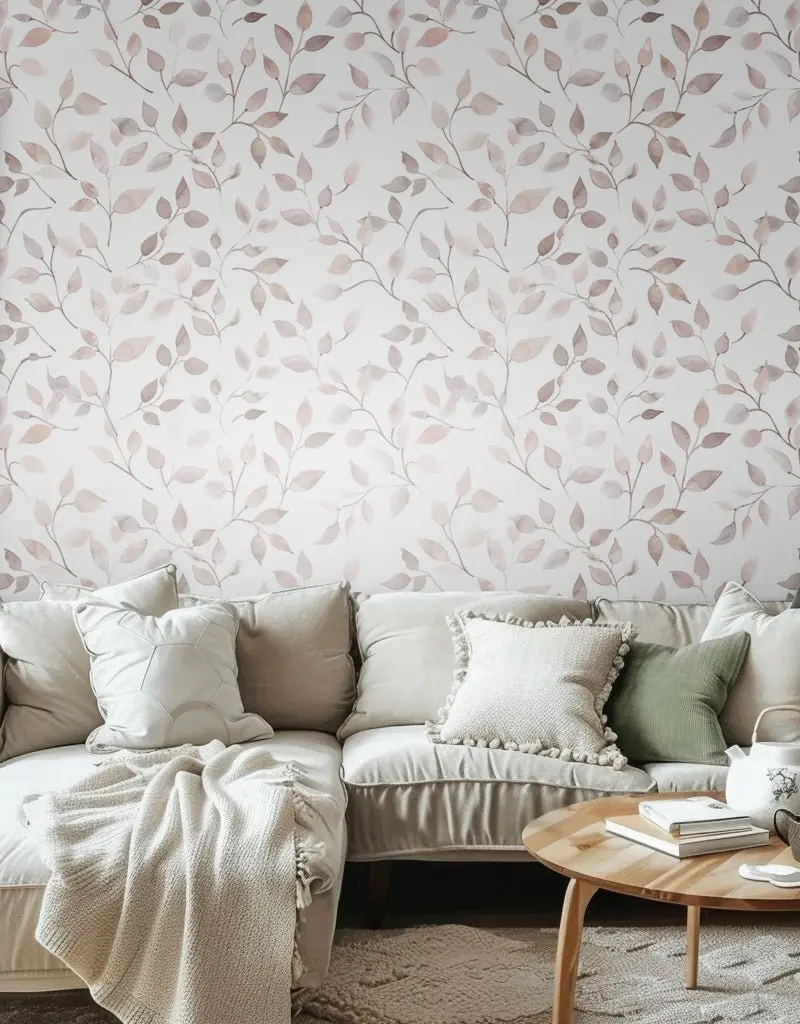 Papel tapiz Hojas Rosa Suave sobre Blanco