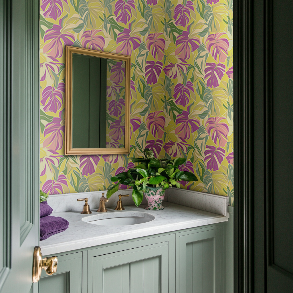 Papel tapiz Hojas Tropicales Rosa y Verde