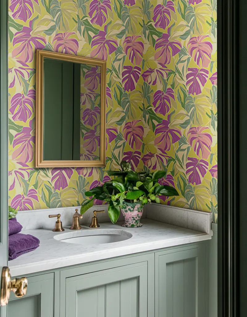 Papel tapiz Hojas Tropicales Rosa y Verde