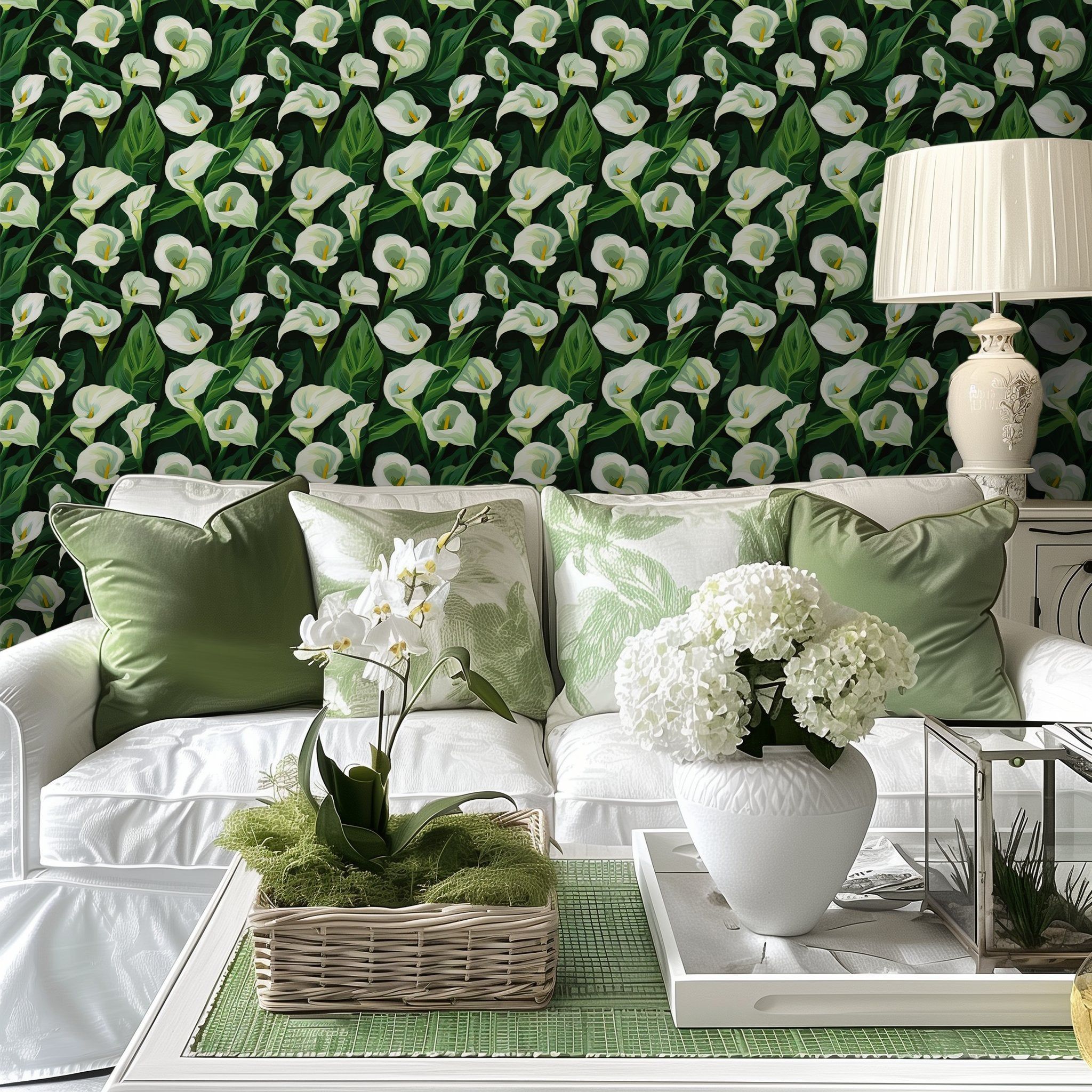 Papel tapiz Alcatraces Blancos y Hojas Verdes