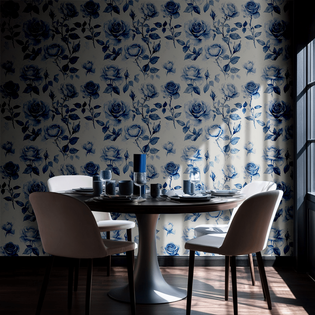 Papel tapiz Rosas Azules sobre Blanco