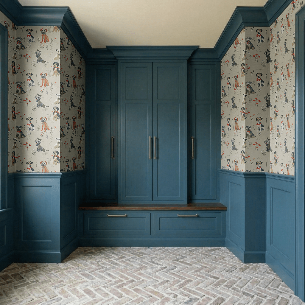 Papel tapiz Perritos y Flores sobre Marfil