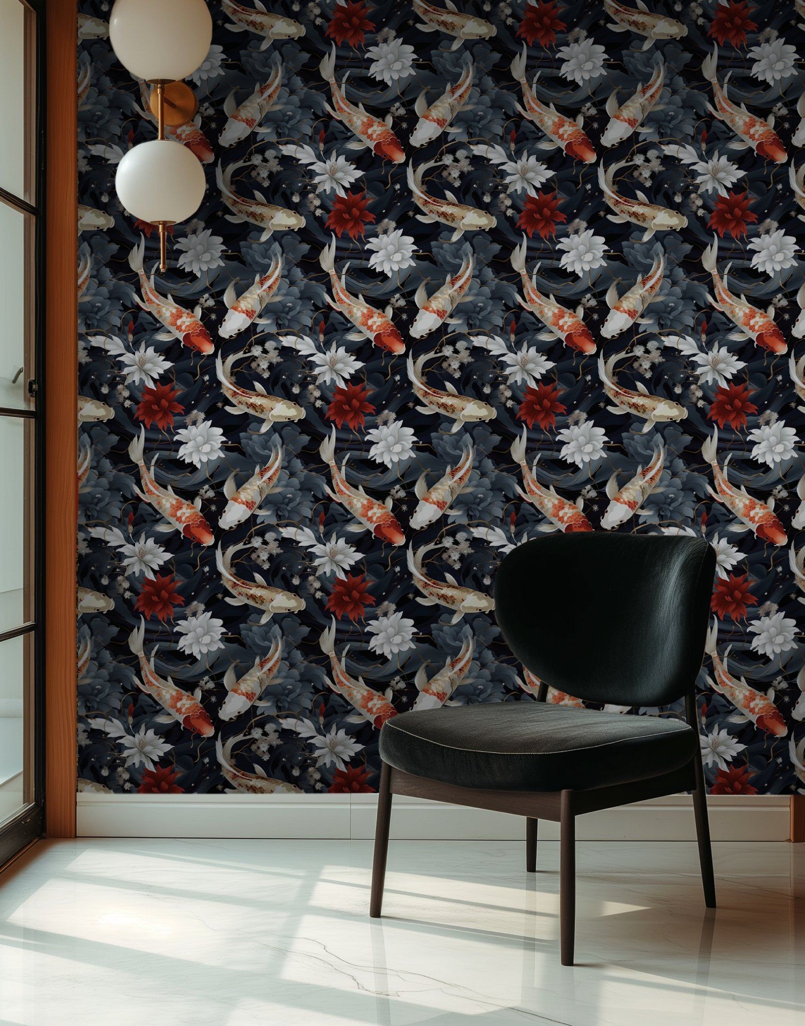 Papel tapiz Peces Koi y Flores sobre Oscuro