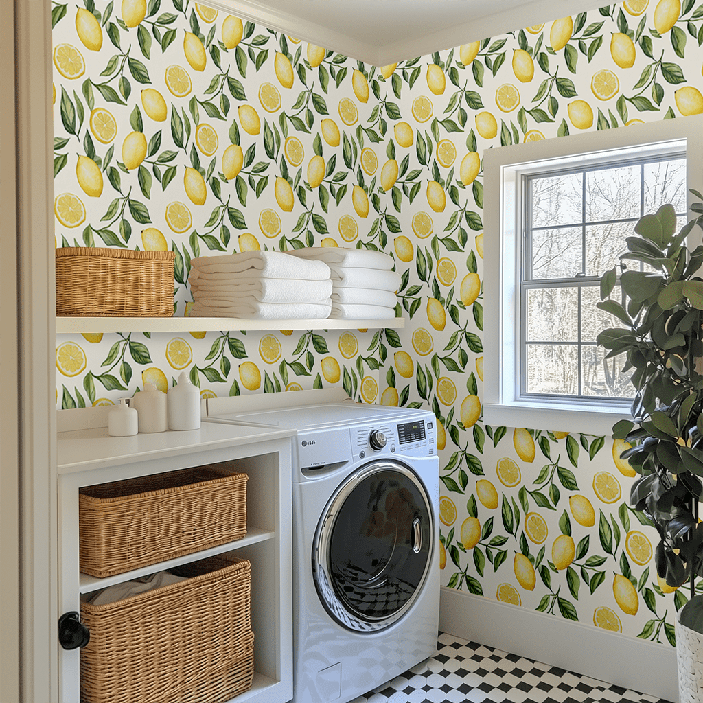 Papel tapiz Limones y Hojas sobre Crema