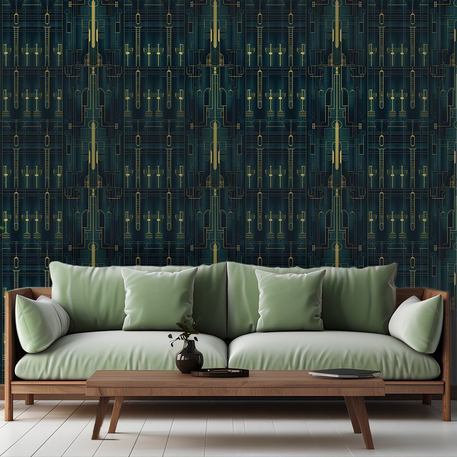 Papel tapiz Líneas Art Déco sobre Azul Oscuro