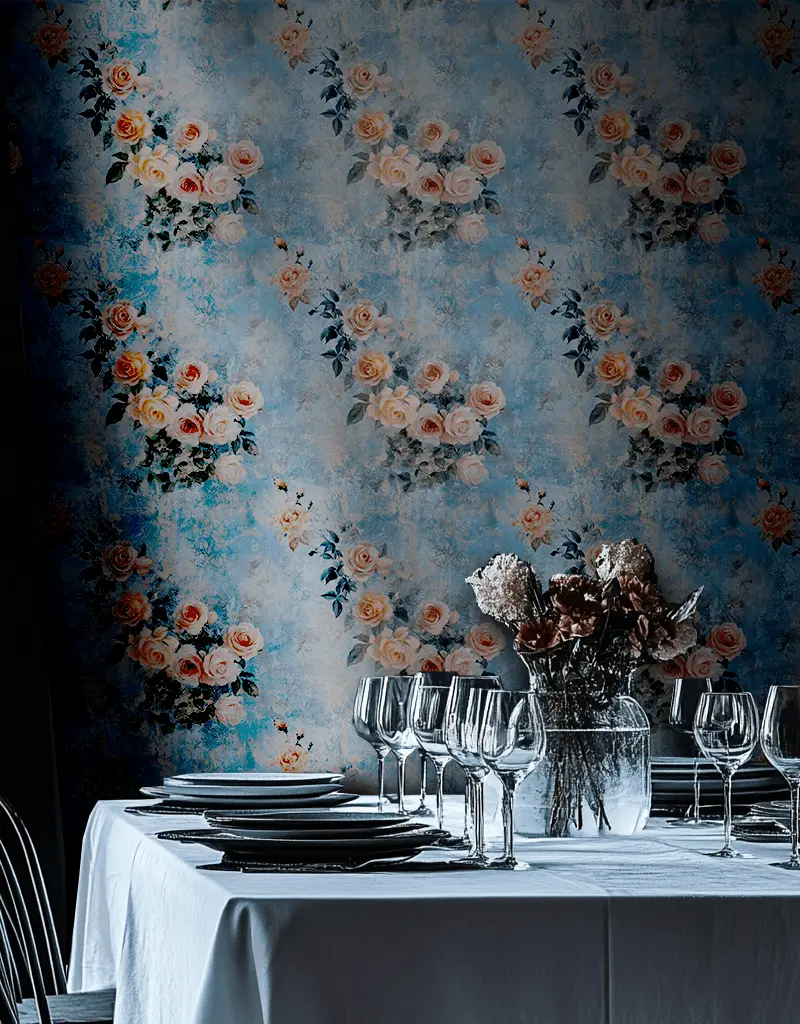 Papel tapiz Rosas vintage sobre azul suave