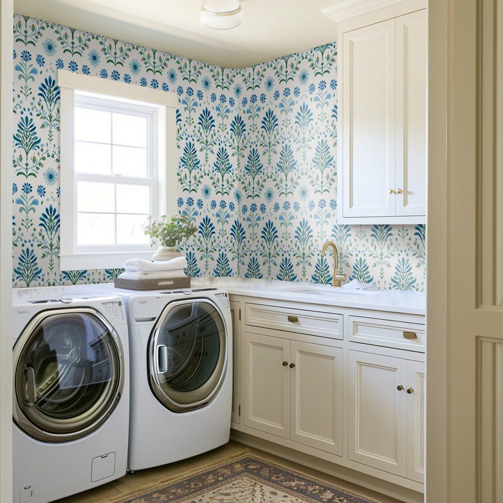 Papel tapiz Flores simétricas azul y verde
