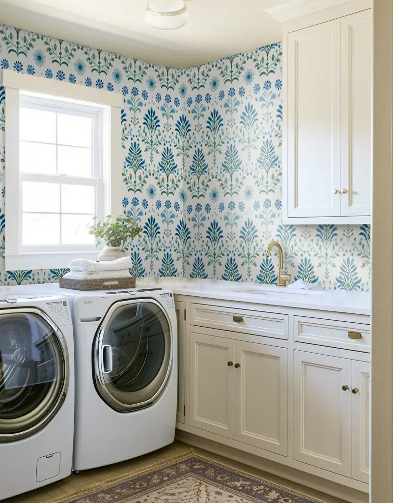 Papel tapiz Flores simétricas azul y verde