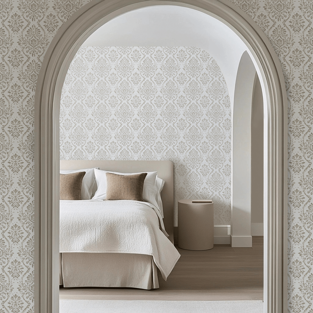 Papel tapiz Damasco floral beige y marfil
