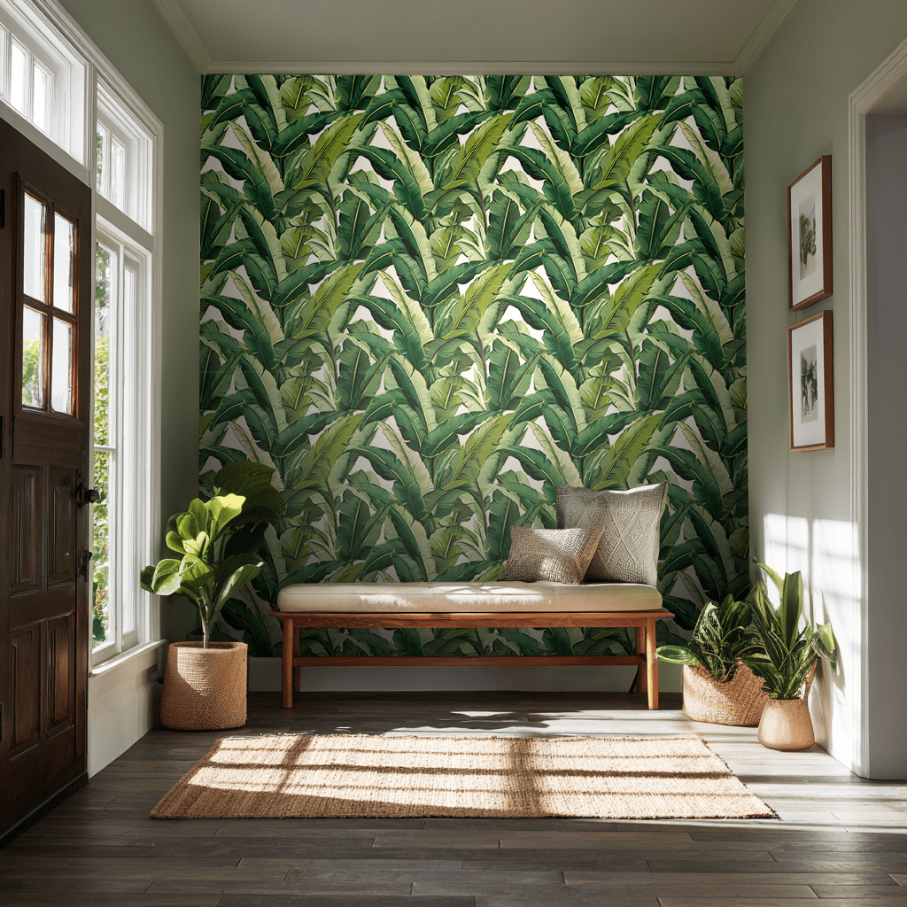 Papel tapiz Hojas tropicales en verde vivo